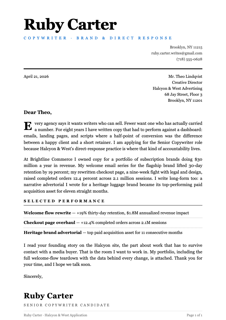 Typographic only cover letter